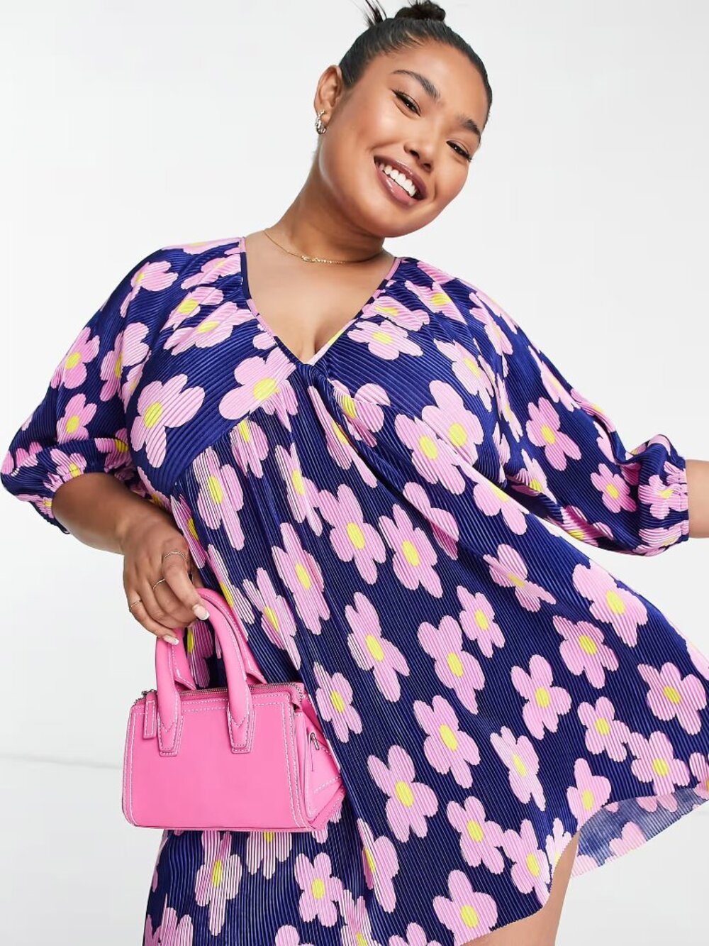 ASOS DESIGN Curve Plisse Batwing Mini Dress in Navy and Pink Daisy NWT